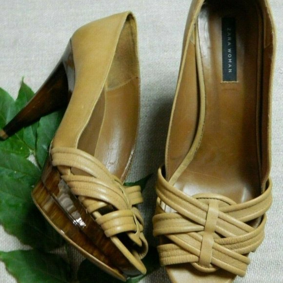 ZARA Heels Beige Tortoiseshell Peep Toe Platform Sexy Shoes Size 10 - Picture 8 of 10